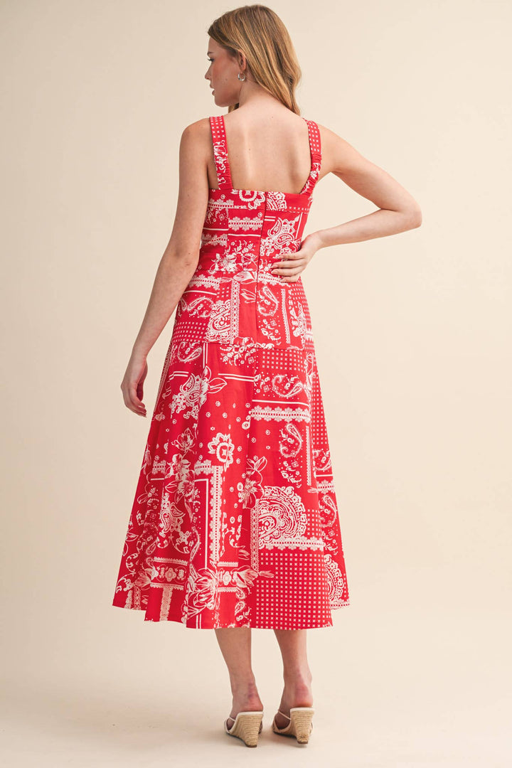 Floral Paisley Print Midi Dress in Red