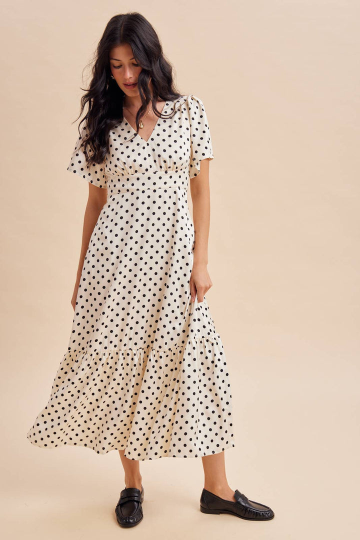 Polka Dot Flutter Sleeve Maxi Dress in Creme