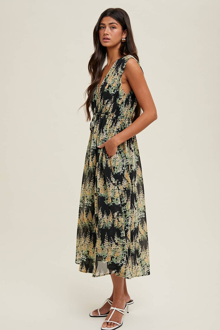 Floral Sleeveless Midi Dress in Black/Yellow