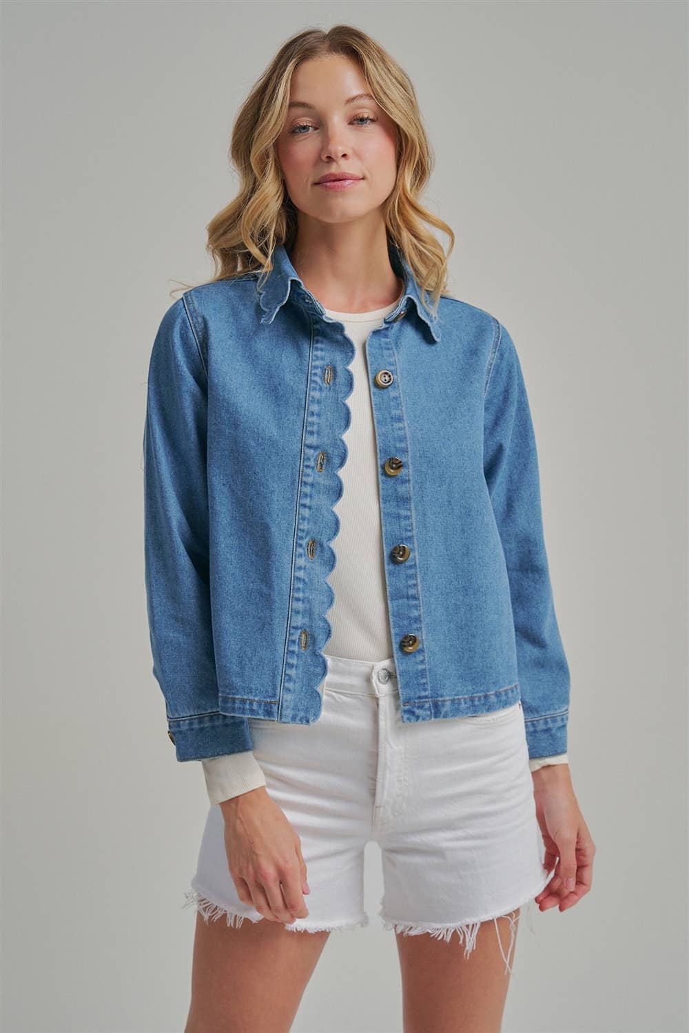 Denim Jacket With Scallop Embroidery Collar