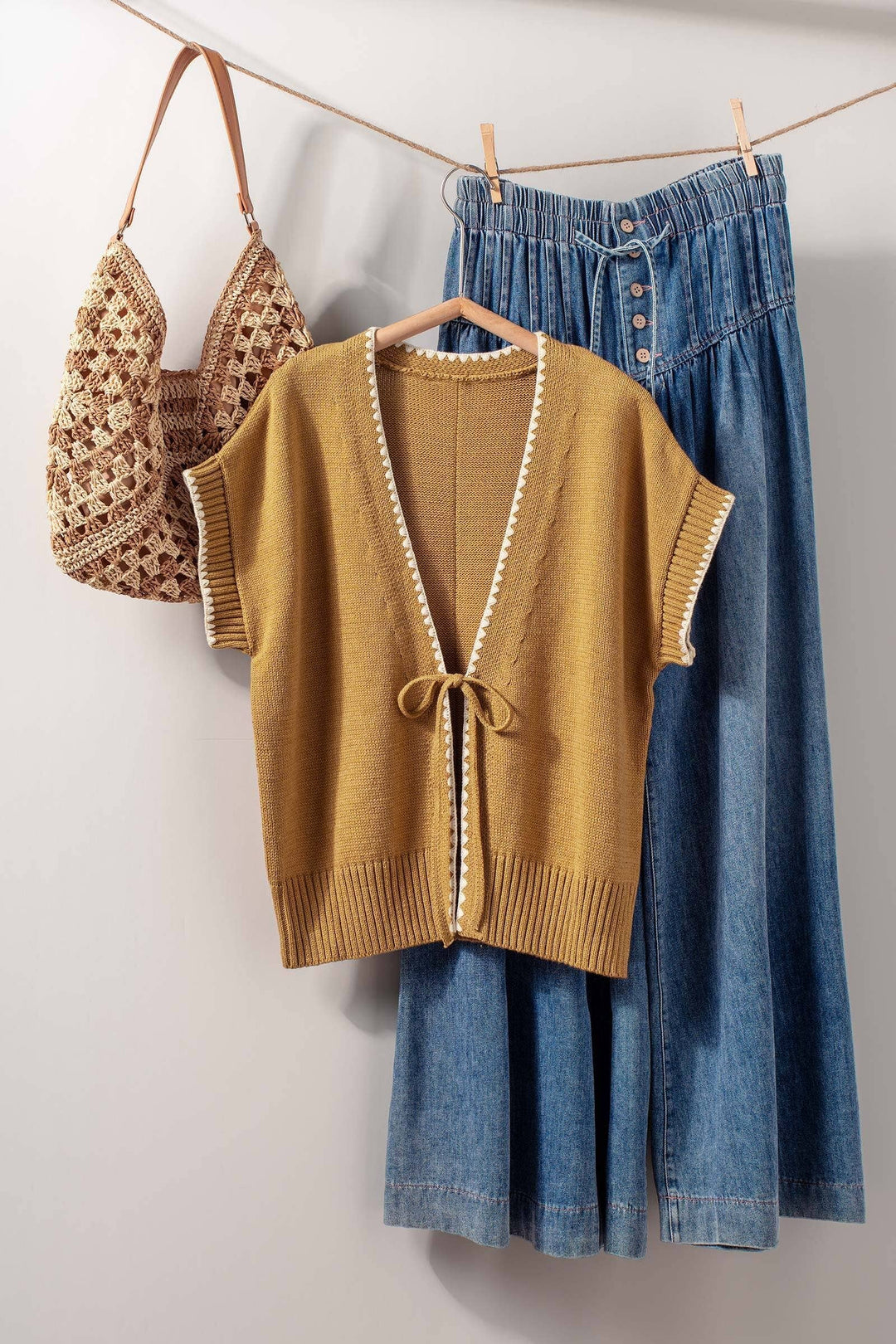 Crochet Trim Tie Front Knit Vest- 2 Colors