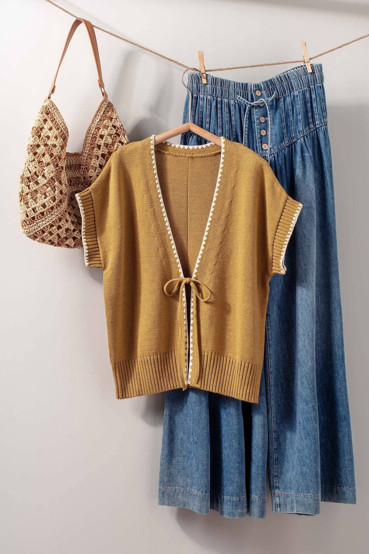 Crochet Trim Tie Front Knit Vest- 2 Colors