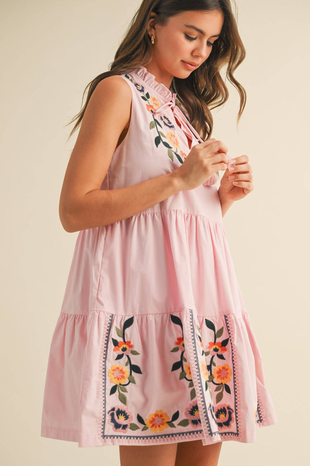 Pink Embroidered Mini Dress