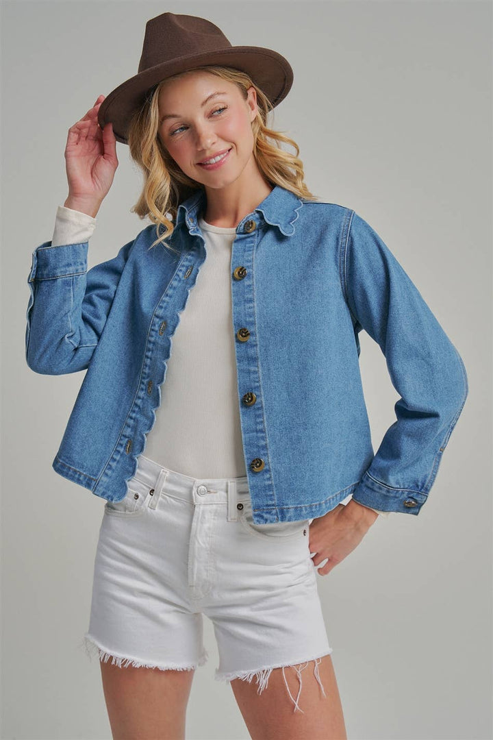 Denim Jacket With Scallop Embroidery Collar