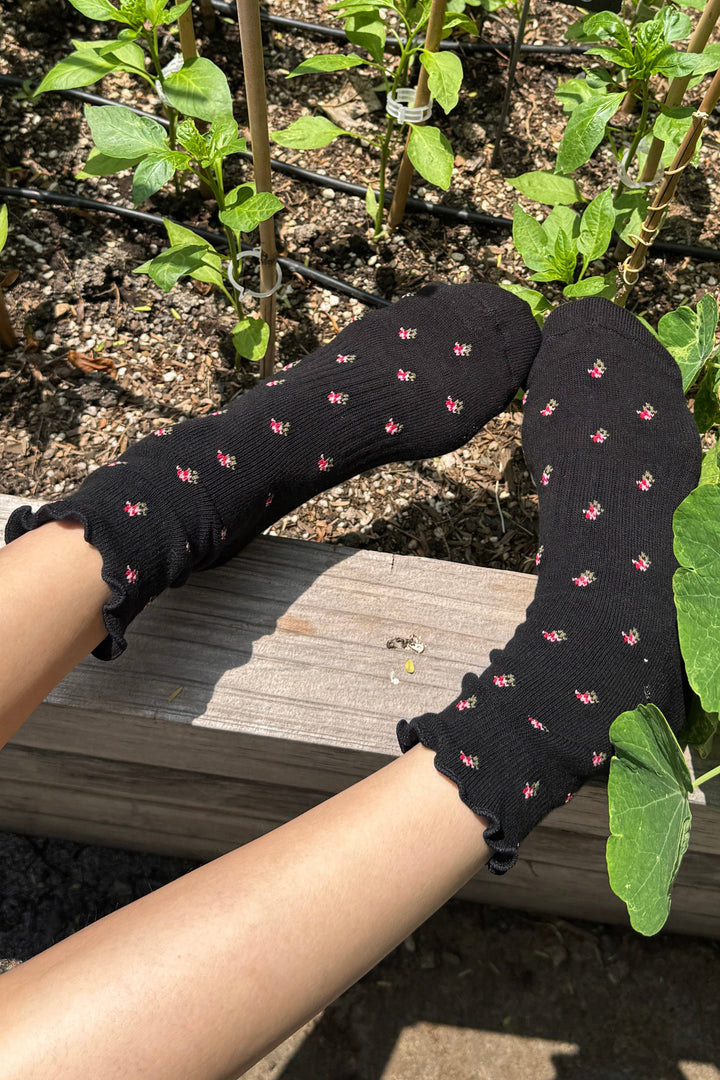 Petal Ruffled Hugger Crew Socks in Black