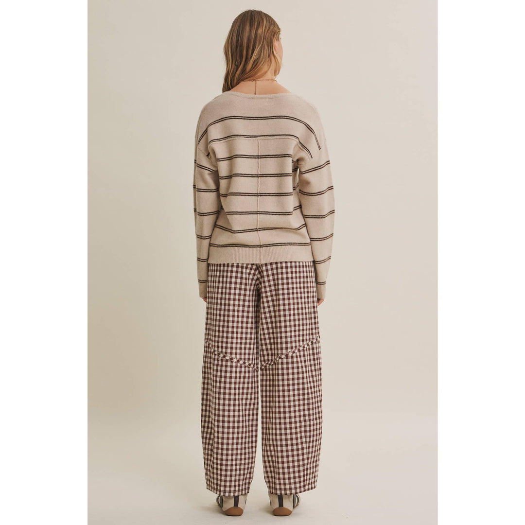 Relaxed Gingham Cotton Barrel Pants in Chocolate