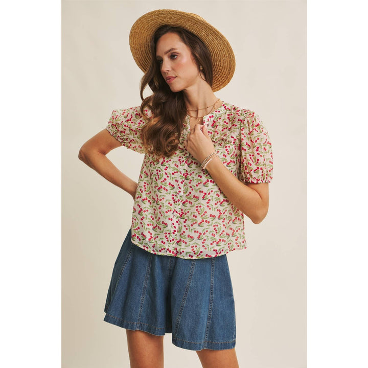 Cherry Puff Sleeve Button Down Blouse