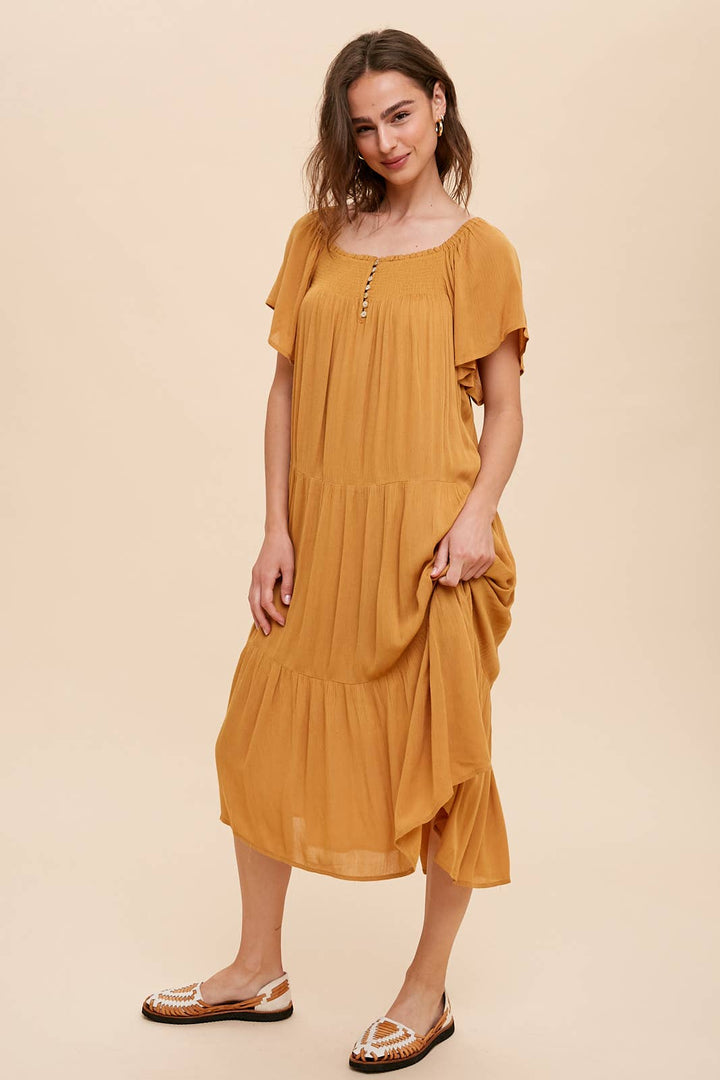 Smocked Flutter Sleeve Midi Dress in Marigold