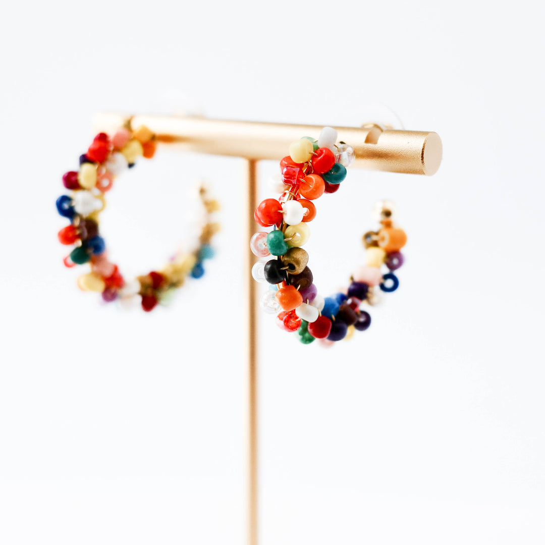 Multicolor Beaded Silver C-Hoop Earrings