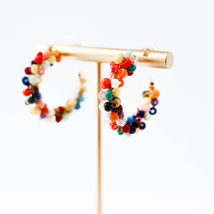Multicolor Beaded Silver C-Hoop Earrings