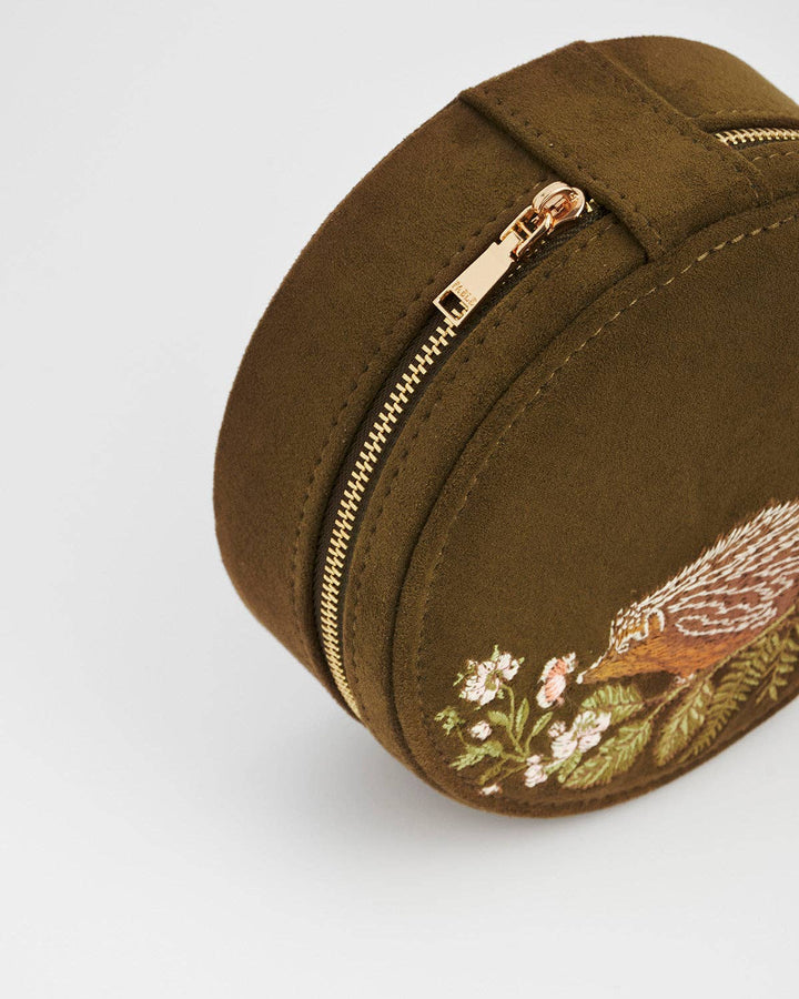Hedgehog Embroidered Round Jewelry Box in Khaki Suedette
