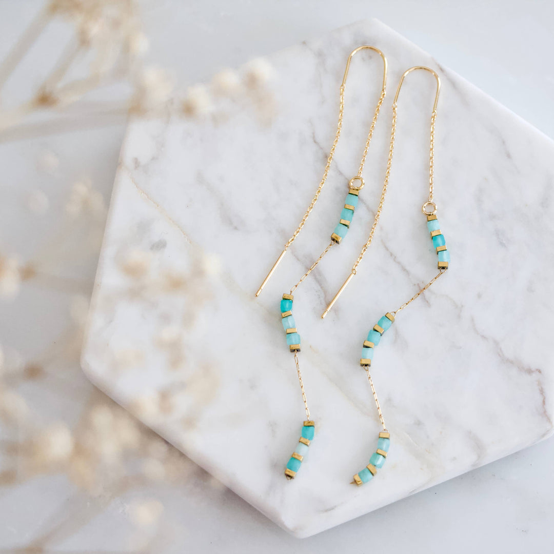 Square Beaded Amazonite Threader Earrings