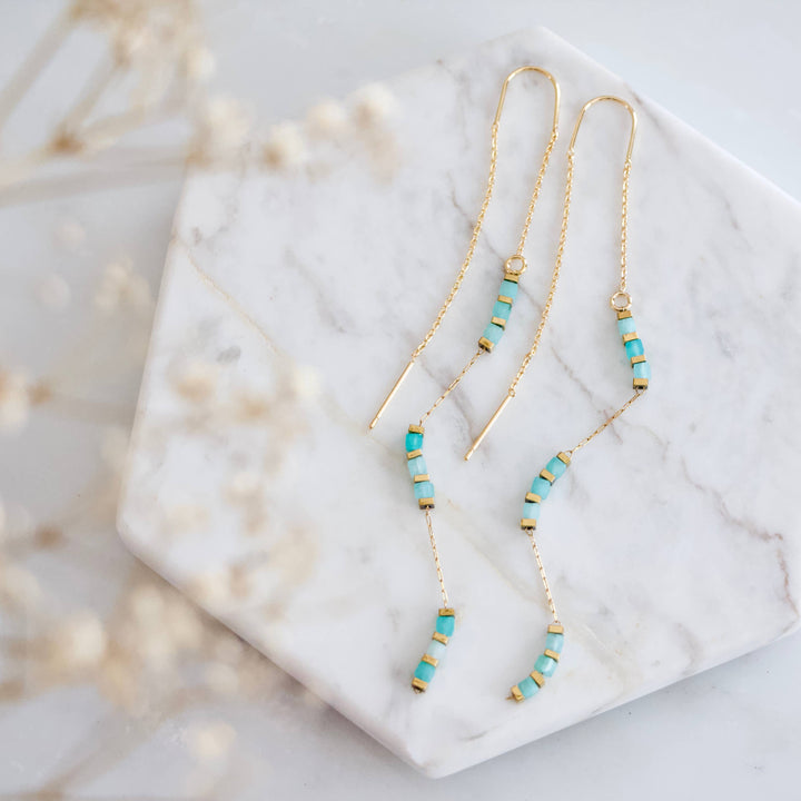 Square Beaded Amazonite Threader Earrings
