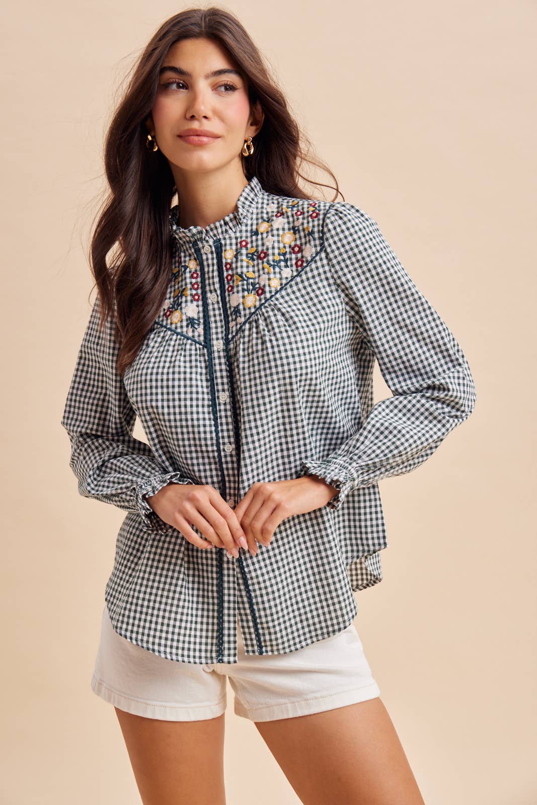 Embroidered Button Down in Dark Forest Green