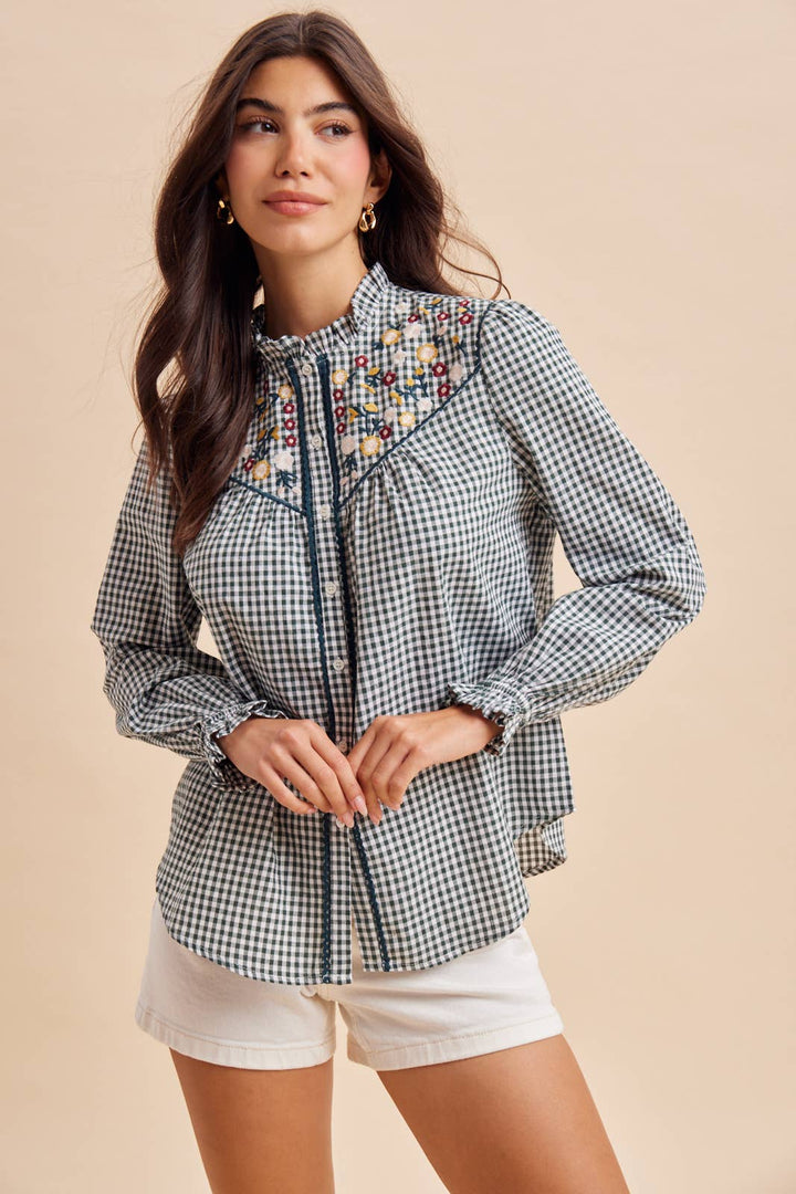 Embroidered Button Down in Dark Forest Green