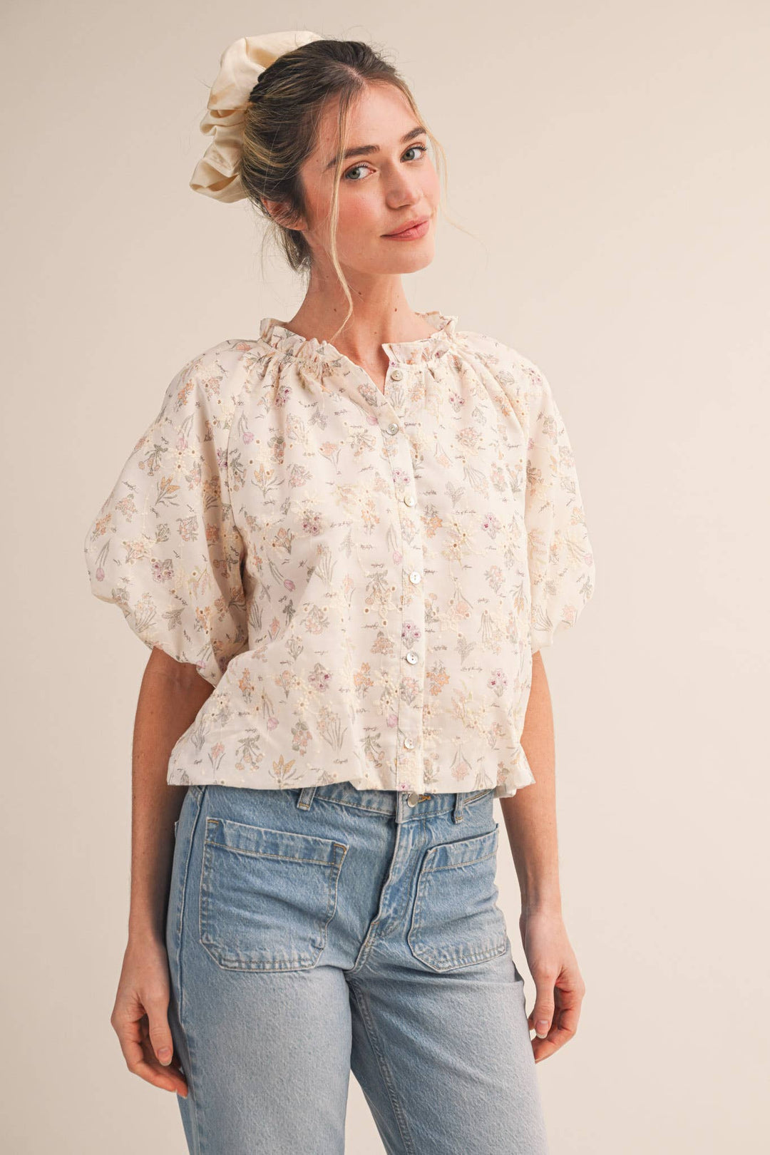 Ivory Floral Print Eyelet Bubble Top