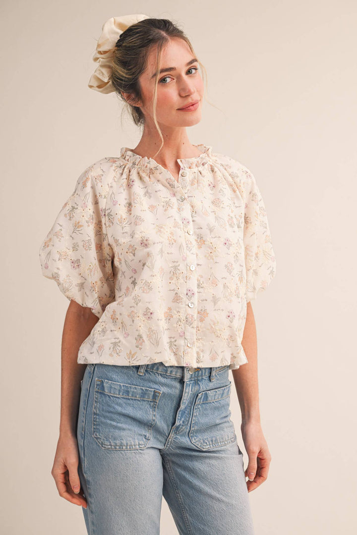 Ivory Floral Print Eyelet Bubble Top