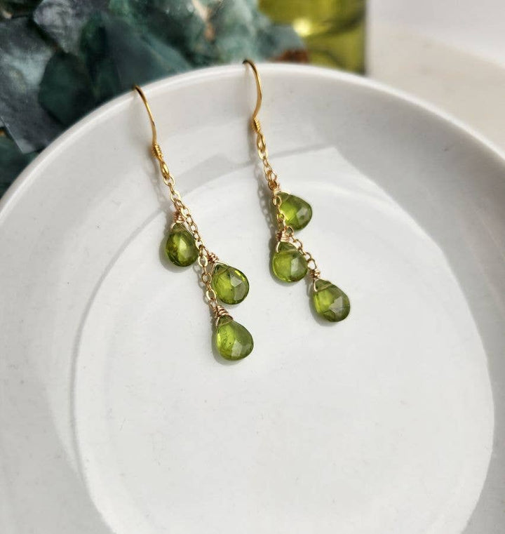 Peridot Triple Vertical Chain Gold Earrings