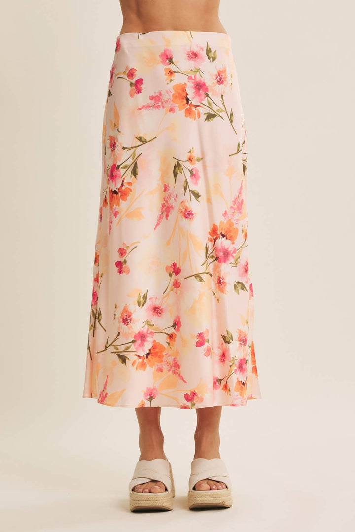 Floral Satin Bias Midi Skirt