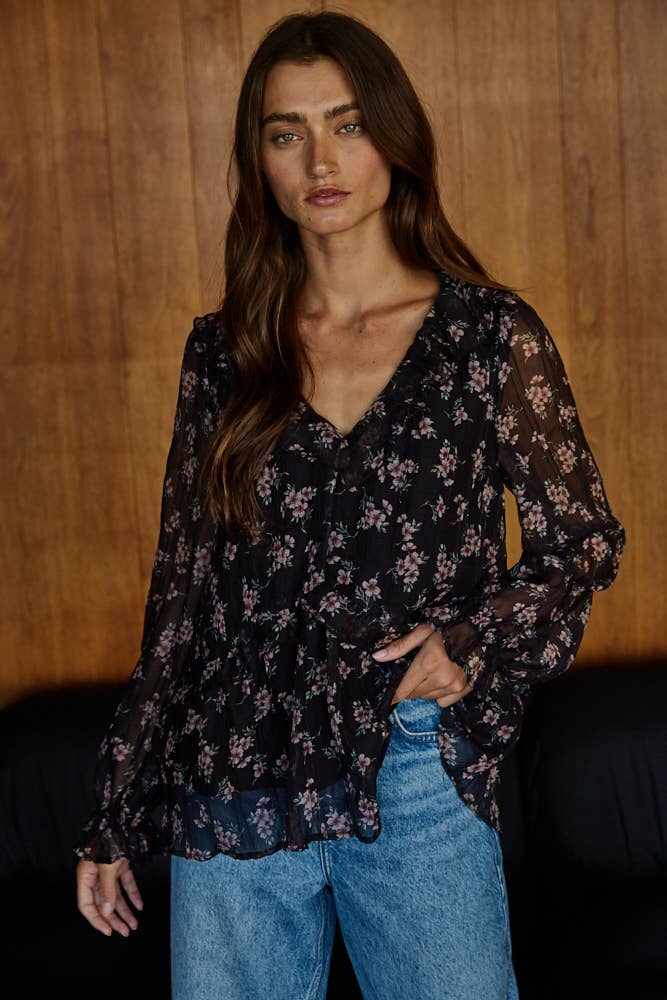 Ruffle Chiffon Black Floral Blouse