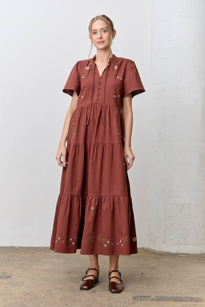 Cross Stitch Flutter Sleeve Maxi Dress