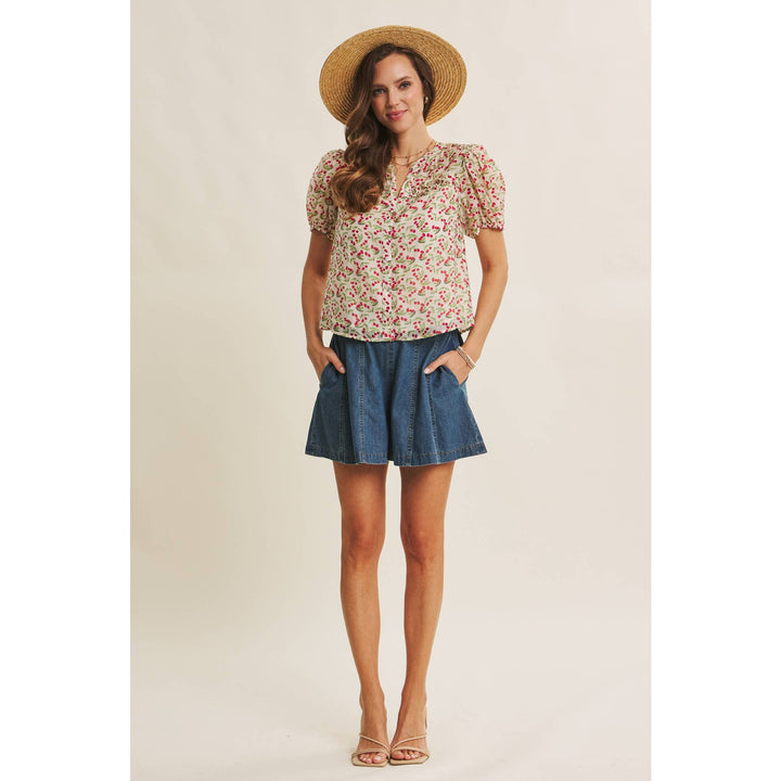 Cherry Puff Sleeve Button Down Blouse