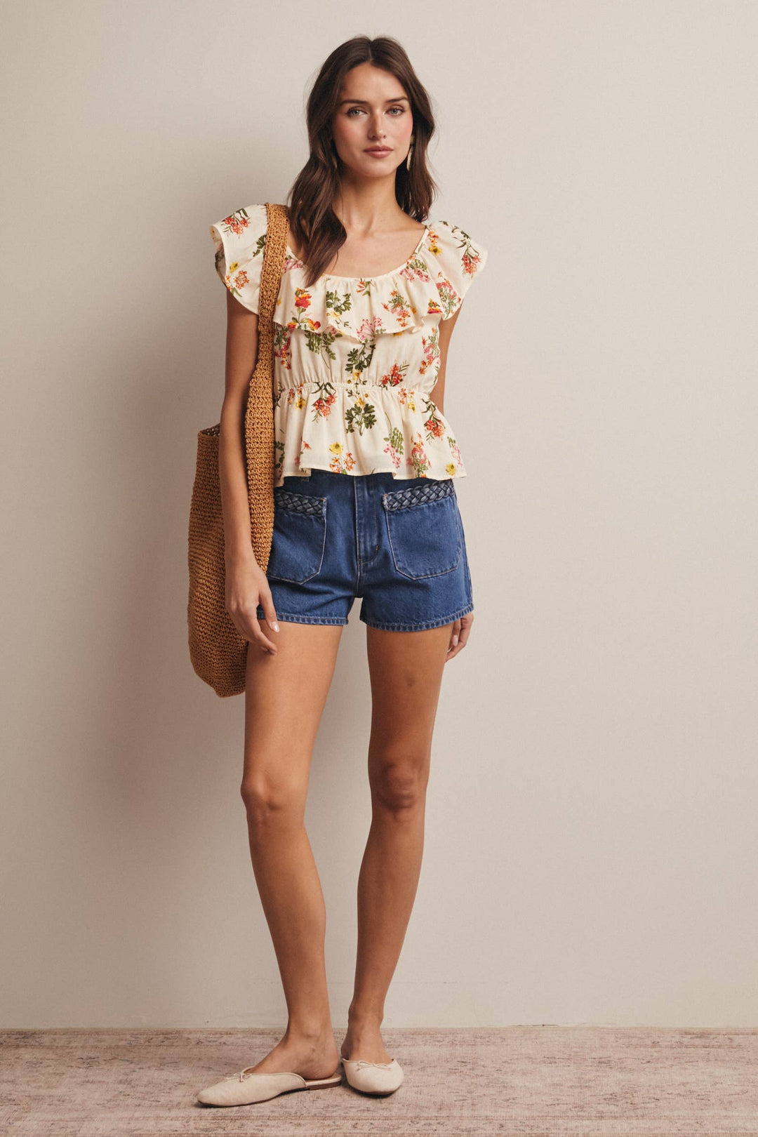 Floral Ruffle Neck Cotton Blouse