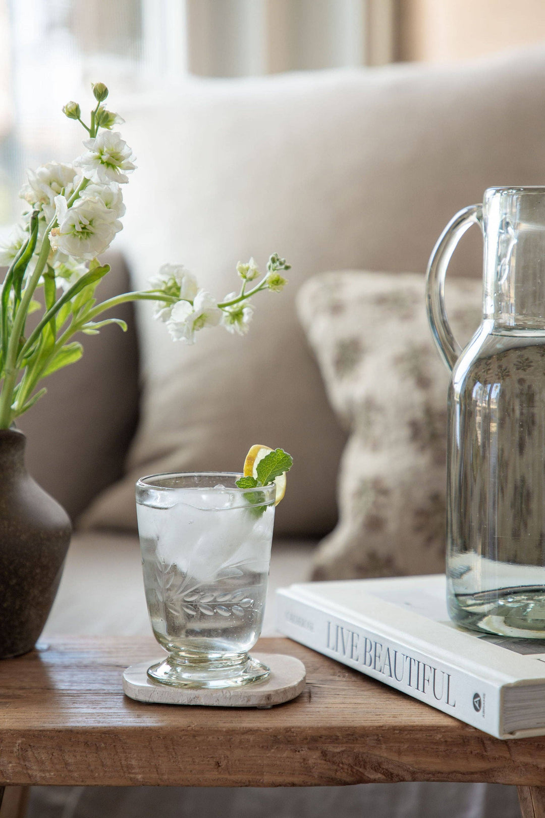 Hand-Etched Blown Footed  Glass