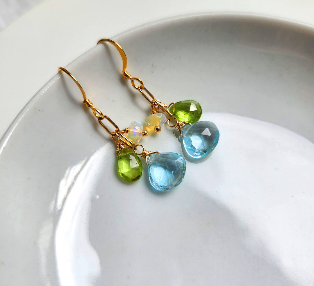 Blue Topaz, Peridot and Ethiopian Opal Gold Cluster Earrings