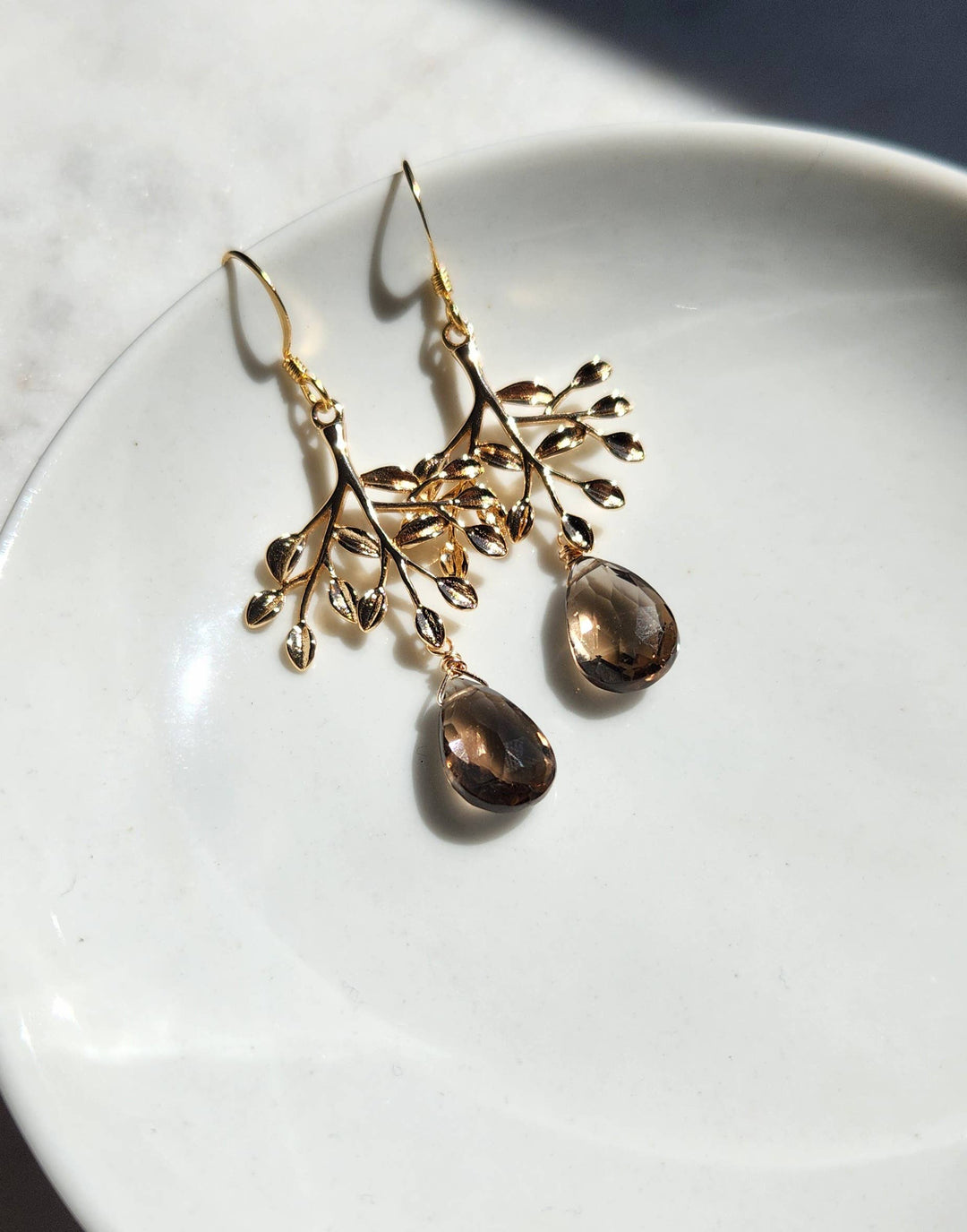 Smoky Quartz Gold Plated Tree Earrings