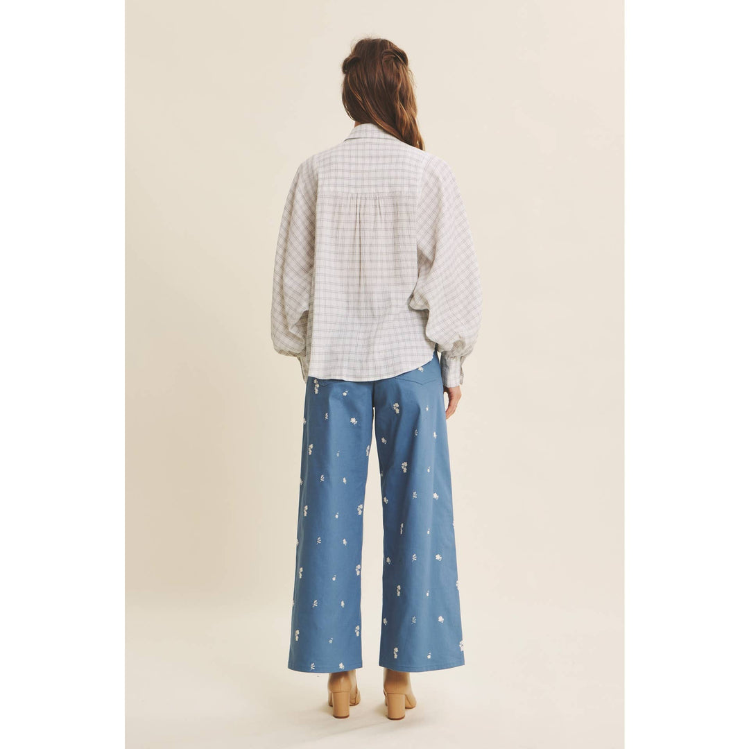 Embroidery Wide Leg Pants in Steel Blue