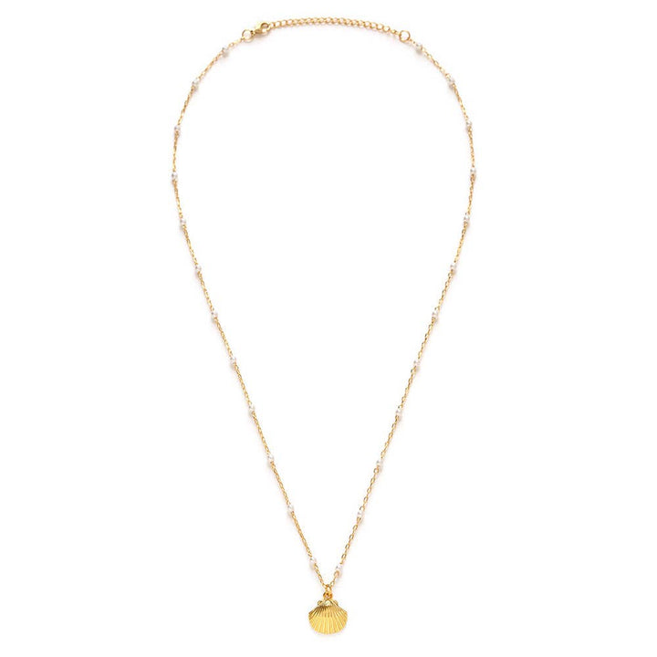 Scallop Shell and Pearl Station Chain Necklace