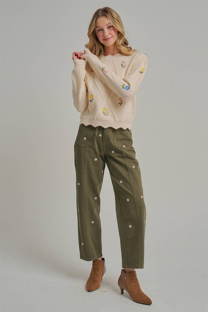 Floral Embroidered Slight Barrel Shaped Relaxed Pants