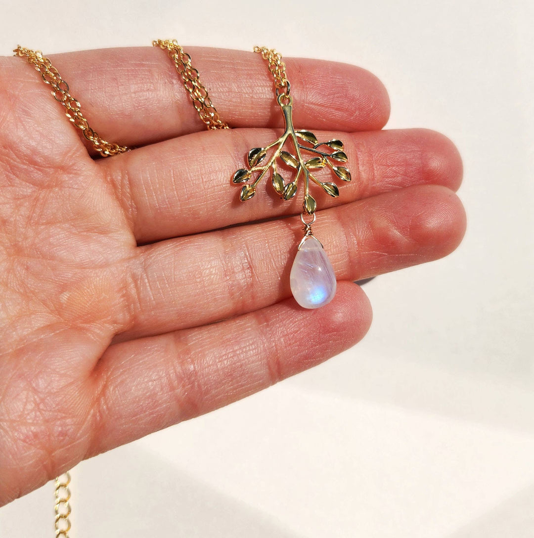 Rainbow Moonstone Gold Tree Branch Necklace