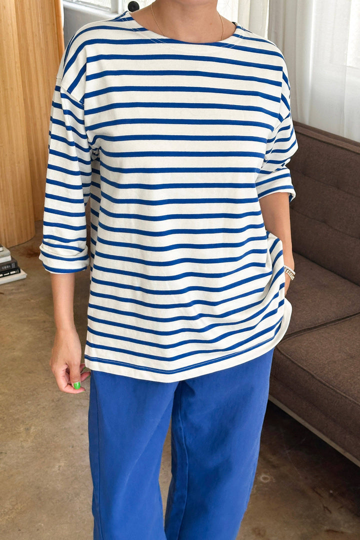Marseille Top, Blue Stripe On Cream