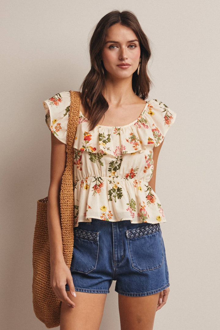 Floral Ruffle Neck Cotton Blouse