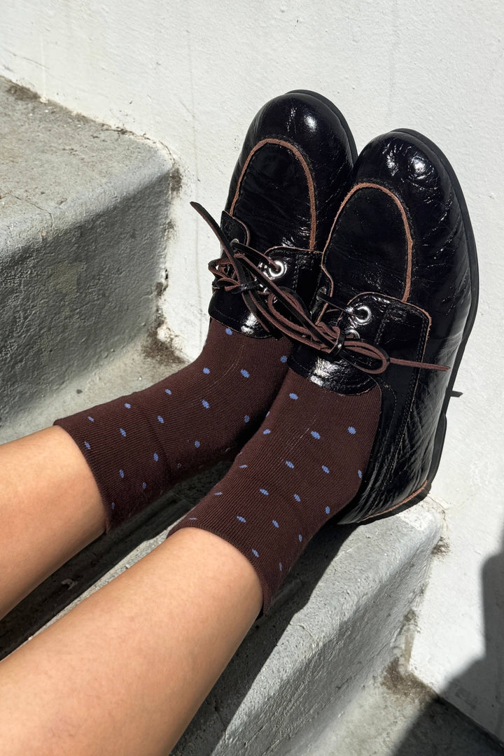 Polka Dot Sneaker Socks in Cacao/Blue