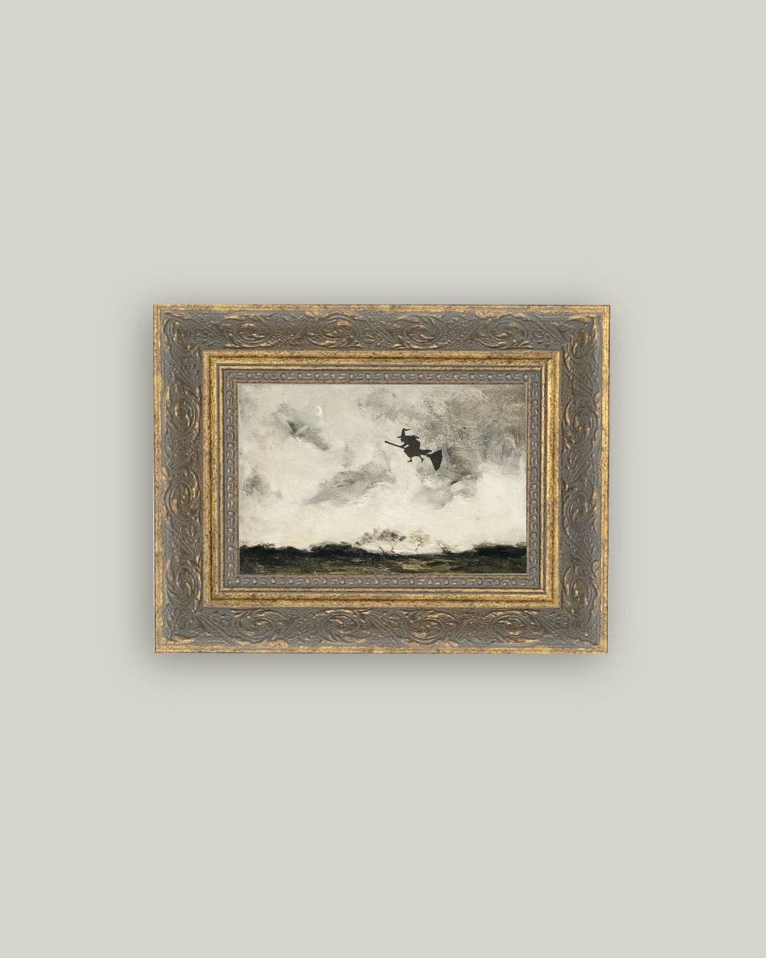 Witch Flying Through The Night Framed Antique Art, 5x7