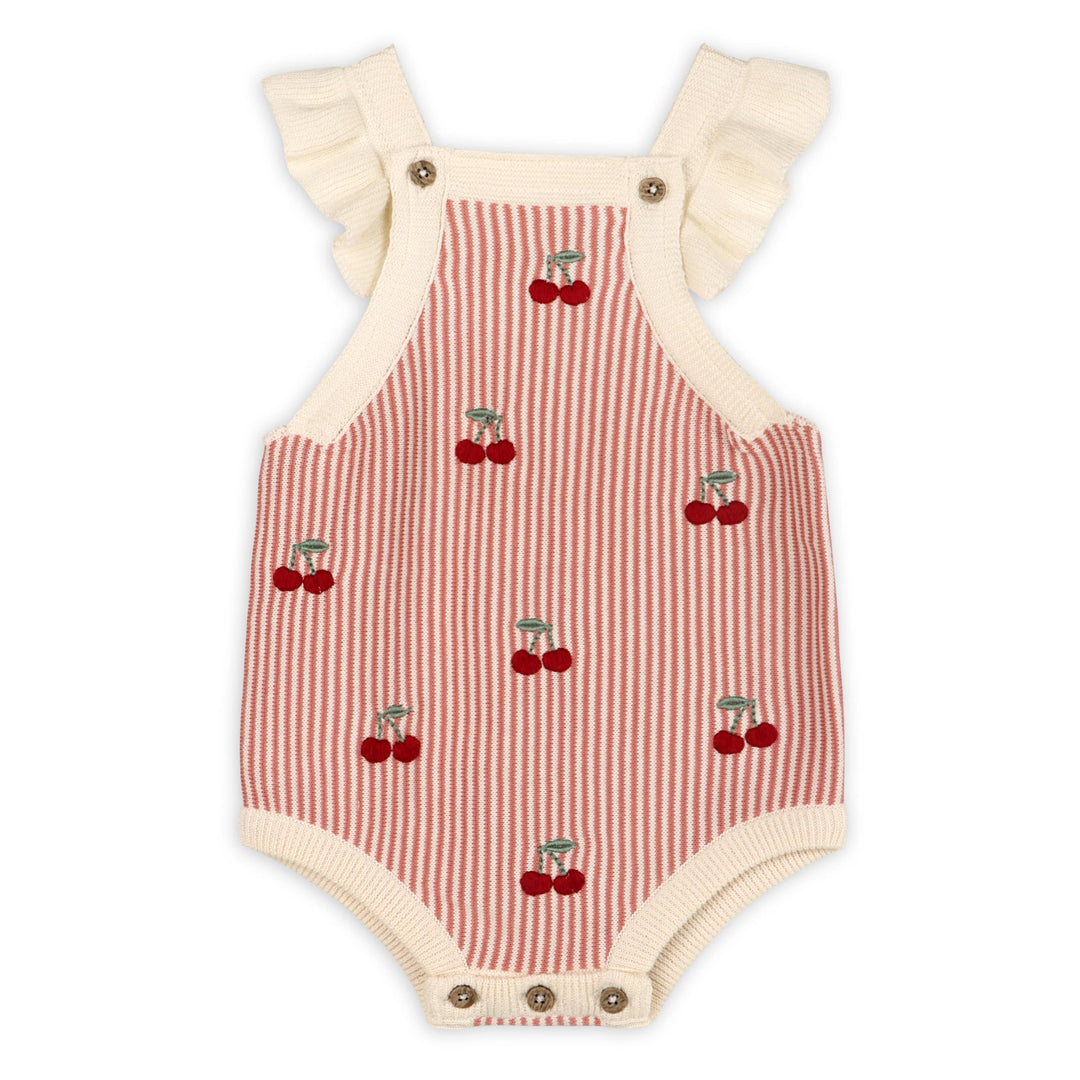 Cherry Stripe Embroidered Ruffle Romper