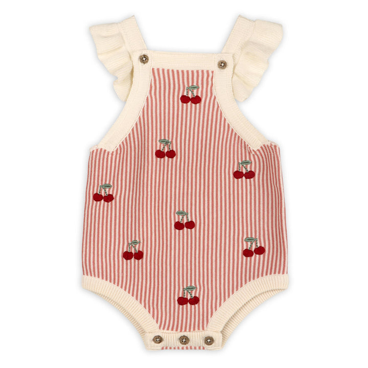 Cherry Stripe Embroidered Ruffle Romper