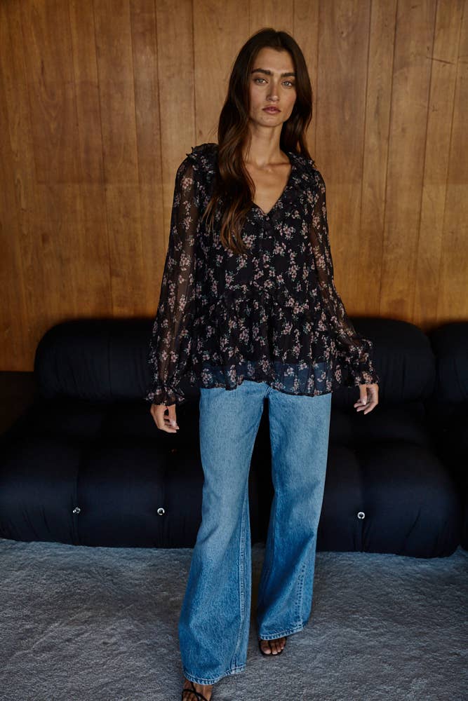 Ruffle Chiffon Black Floral Blouse