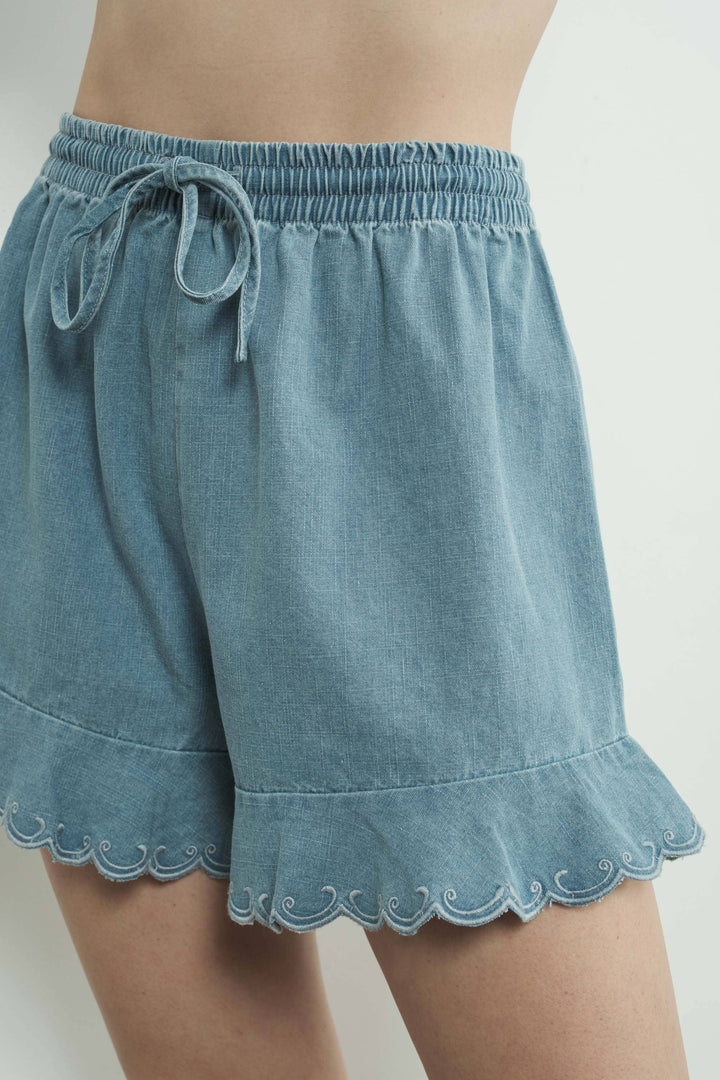 Embroidered Ruffle Hem Shorts
