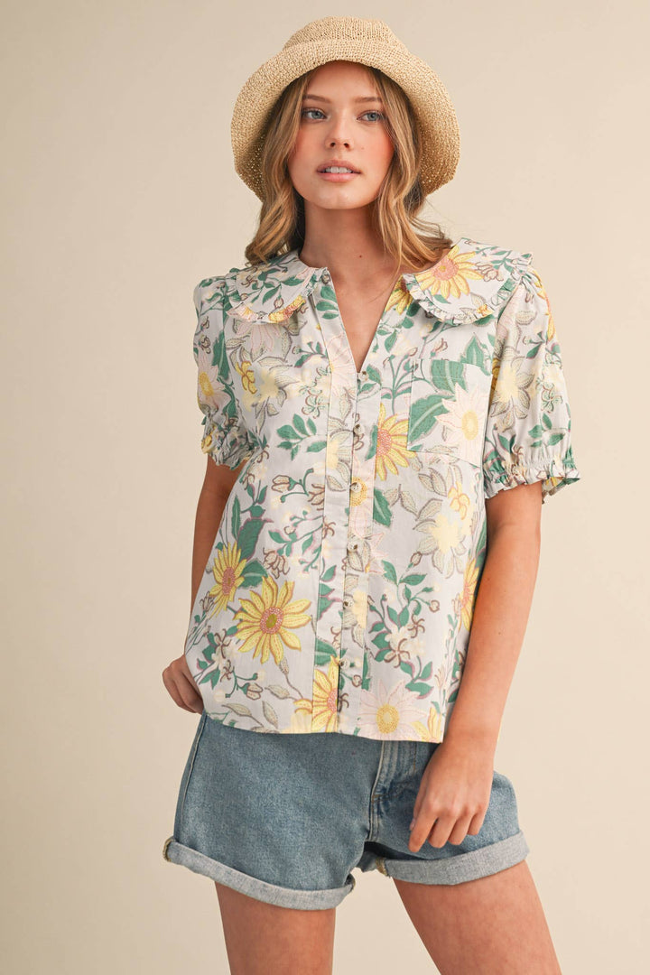 Floral Print Doll Collar Button Down in Mint Floral