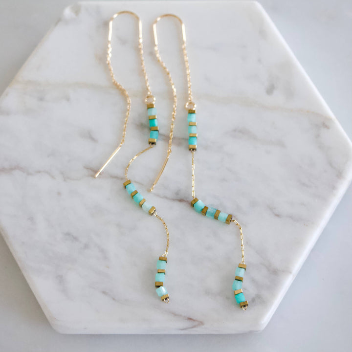 Square Beaded Amazonite Threader Earrings