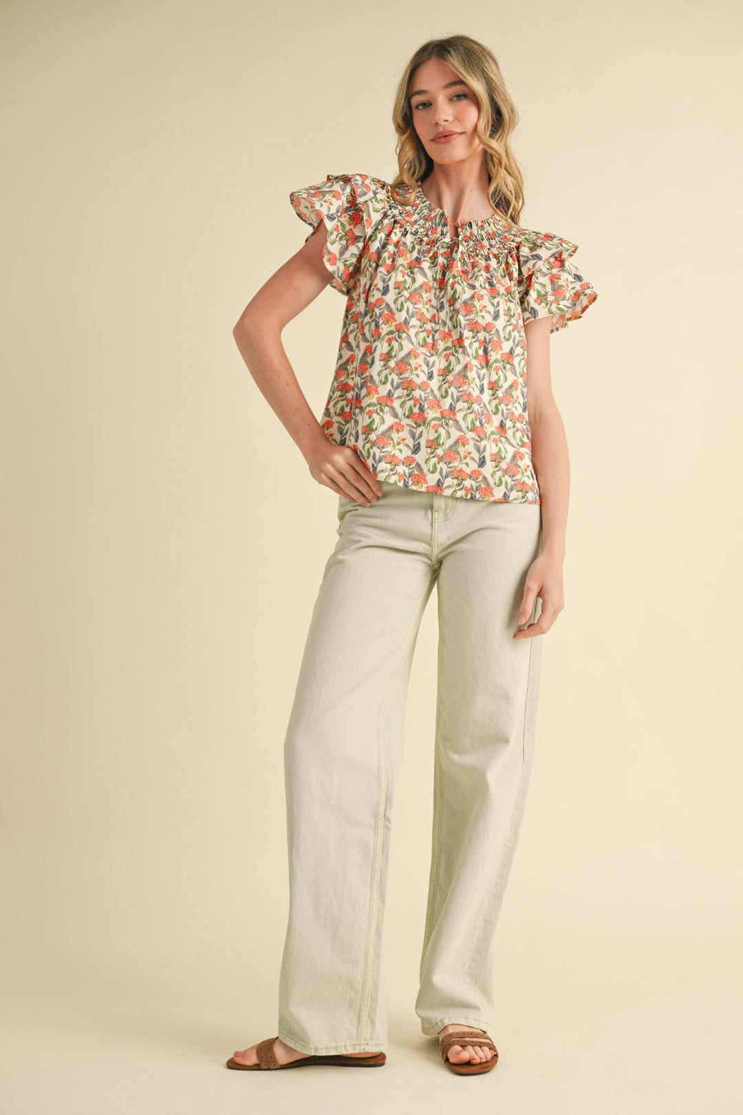 Floral Flutter Sleeve Smocked Top in Ivory