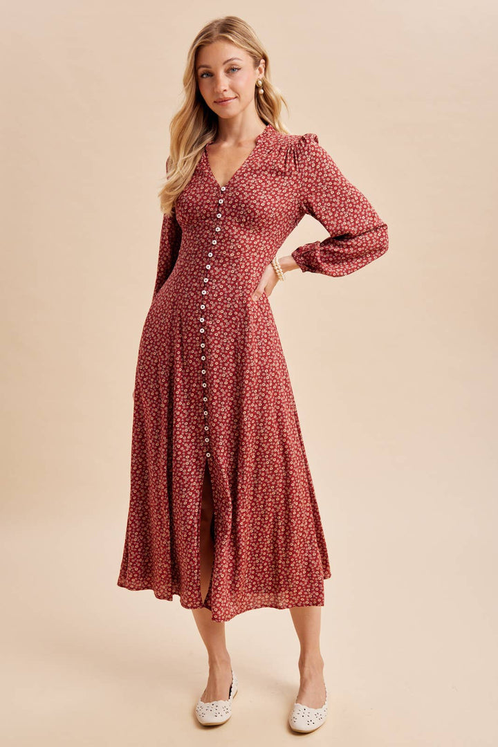 Long Sleeve Button Front Floral Maxi in Maroon