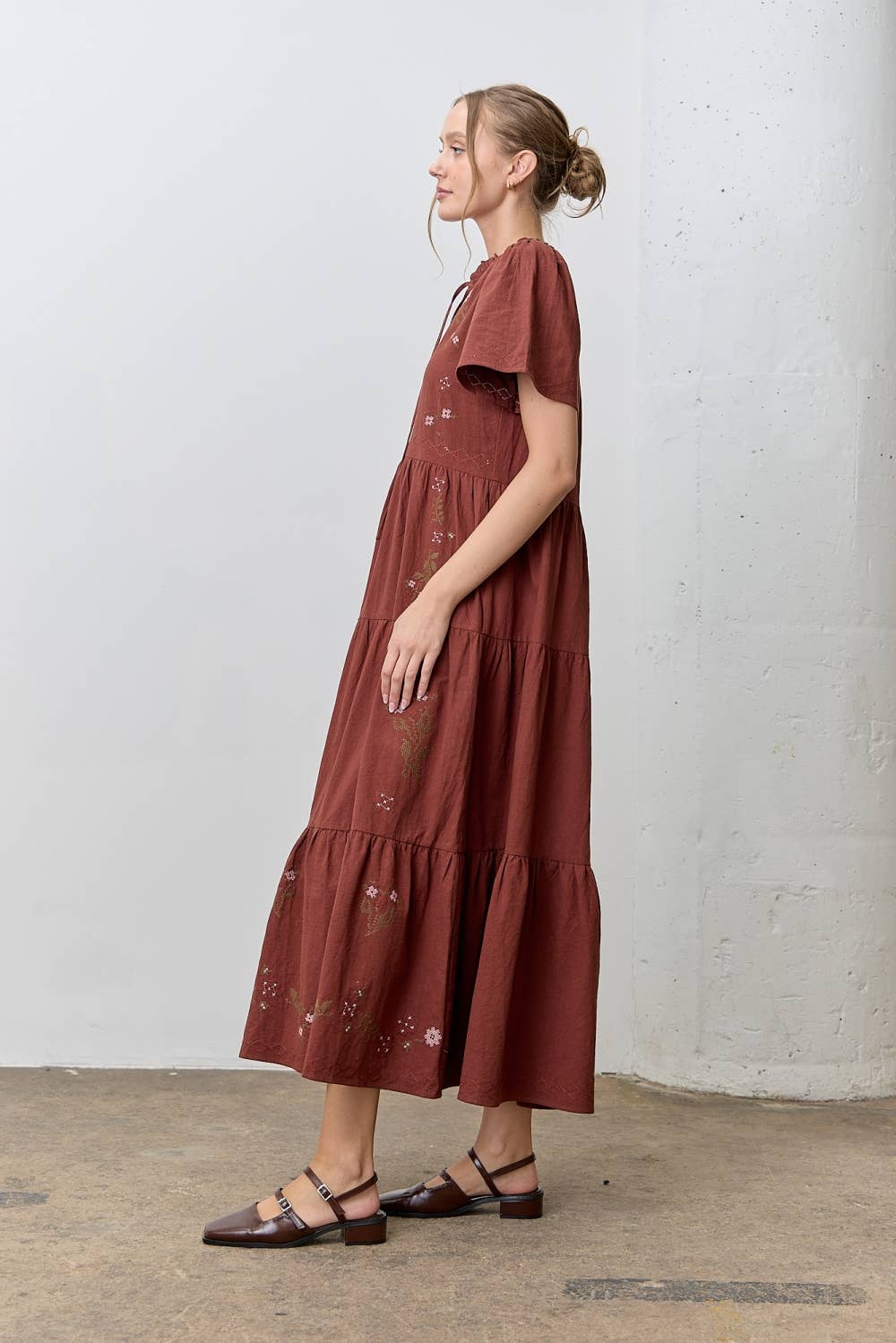 Cross Stitch Flutter Sleeve Maxi Dress