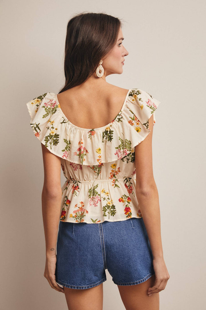 Floral Ruffle Neck Cotton Blouse
