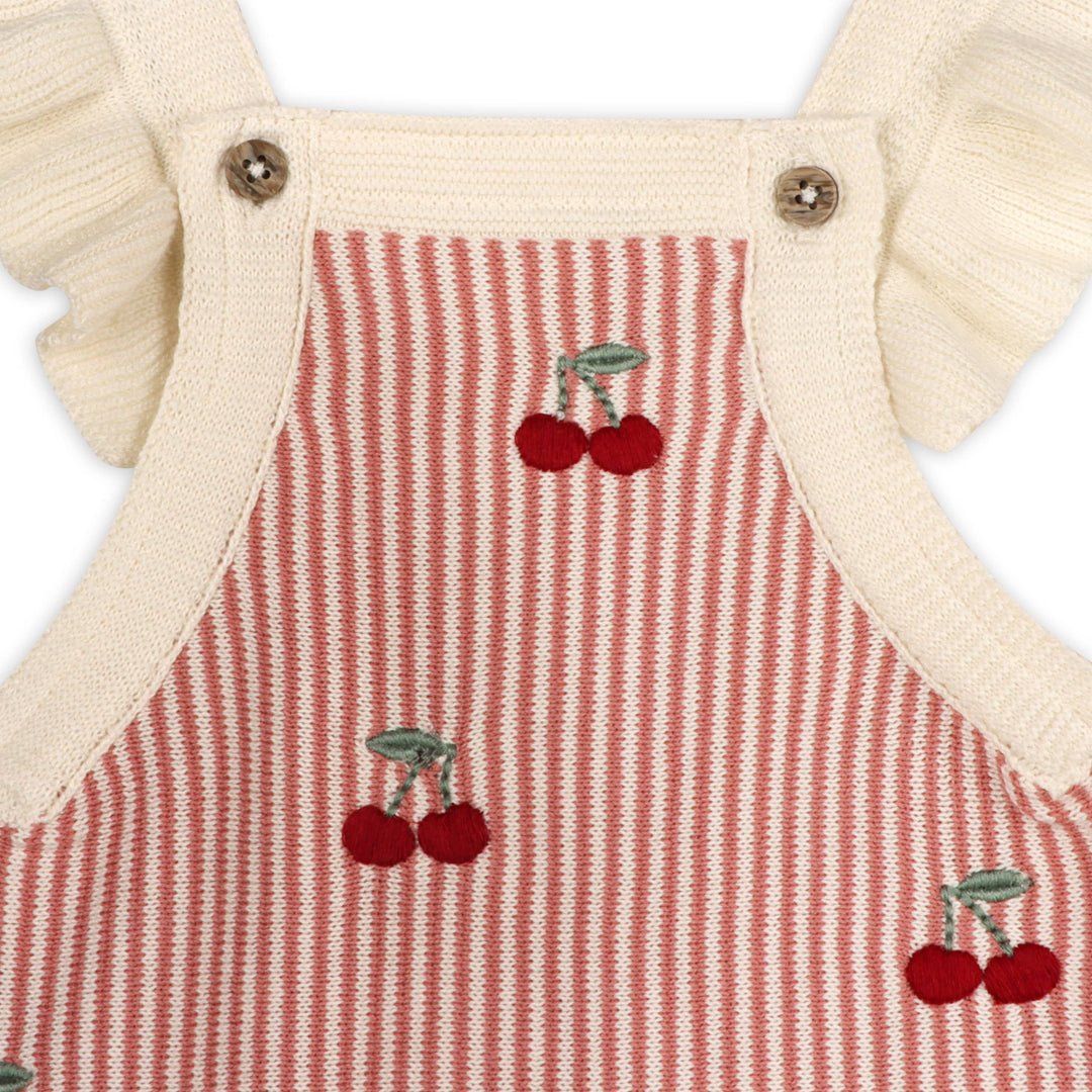 Cherry Stripe Embroidered Ruffle Romper