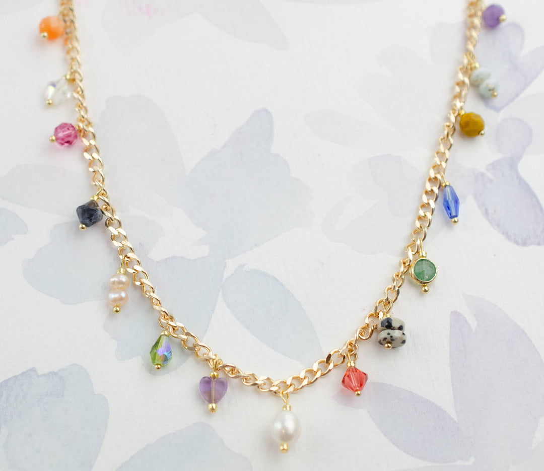 Multicharm Beaded Necklace on Curb Chain
